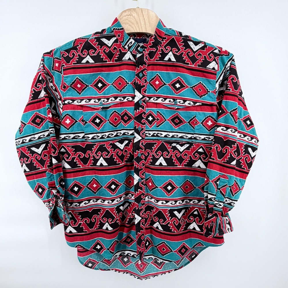Vintage 90s Wrangler Aztec‎ Southwestern Band Collar Western Shirt Mens XL USA